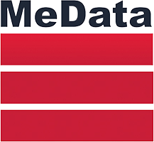 Das MeData Logo - 3 Rote Balken mit Verlauf über denen in schwarzen Lettern MeData steht